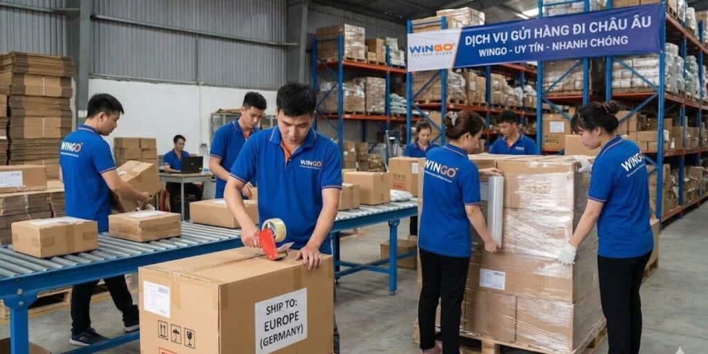 nhân viên Wingo đang đóng gói hàng đi Châu Âu