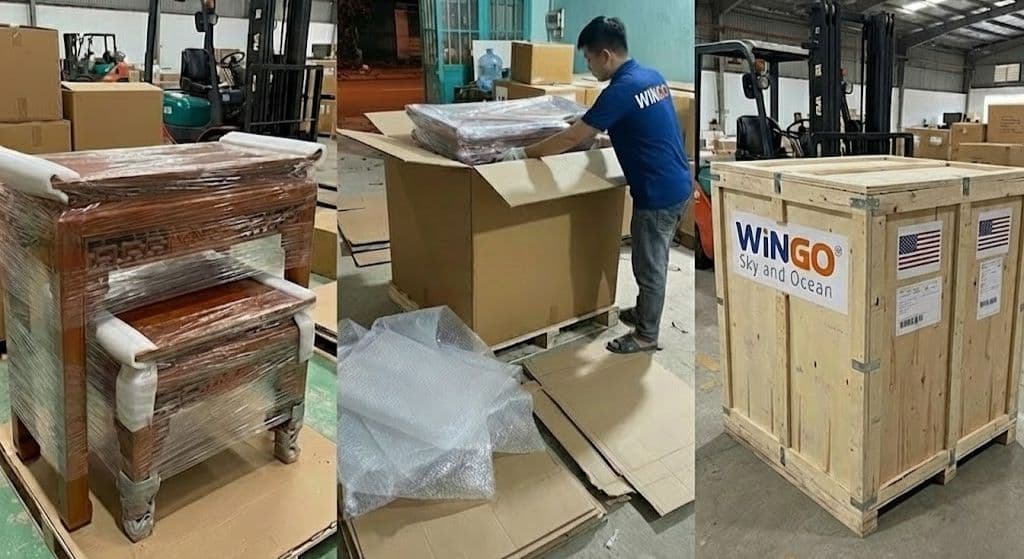 Tủ thờ được đóng gói bọc xốp bảo vệ an toàn trước khi gửi đi Mỹ