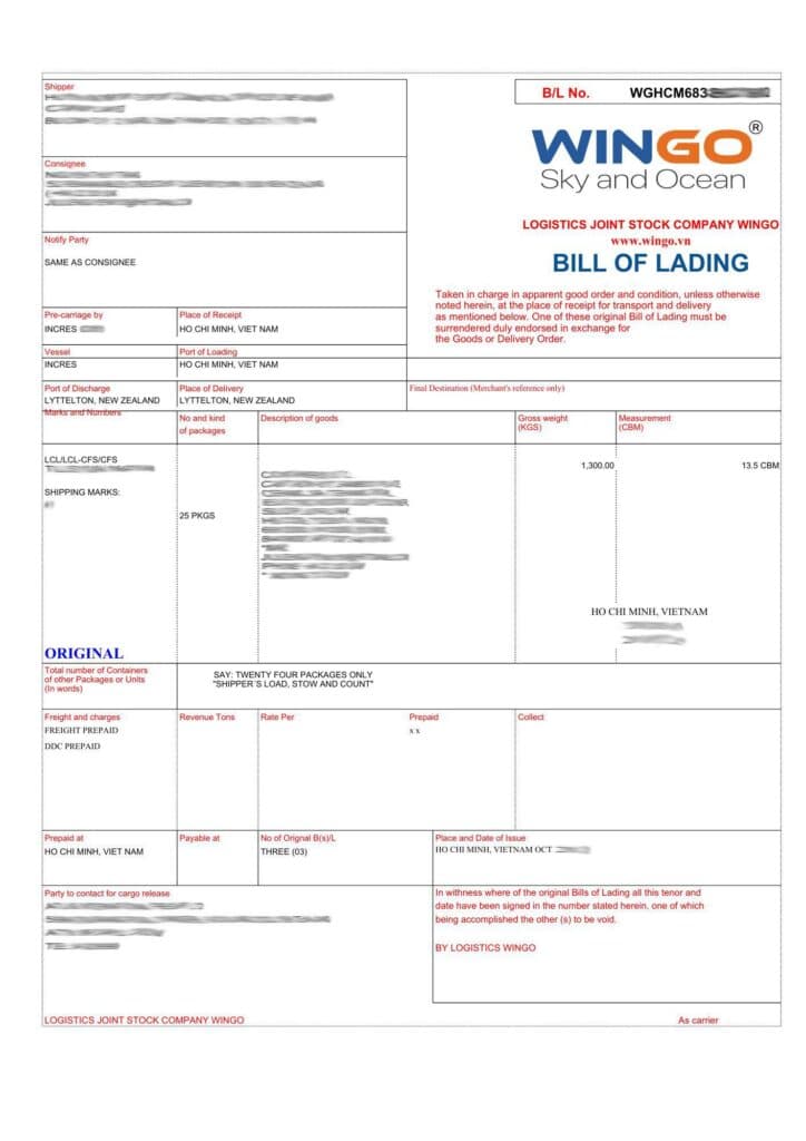 Mẫu House Bill (HBL) do Forwarder phát hành.