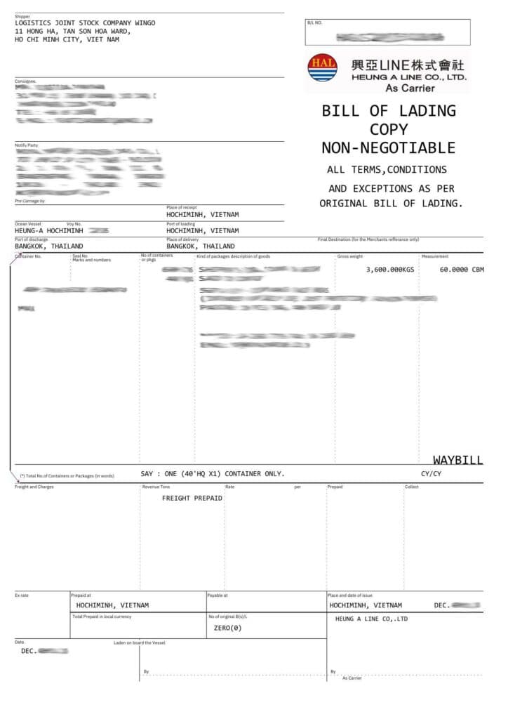 Mẫu Master Bill (MBL) do hãng tàu phát hành có logo hãng.