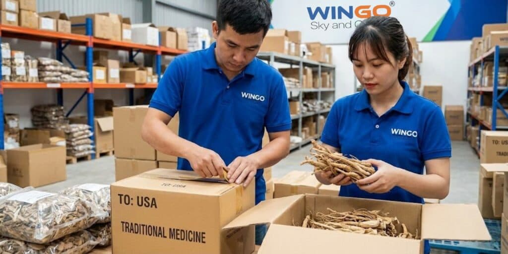 Nhân viên Wingo Logistics đóng gói thuốc Đông Y đi Mỹ chuẩn quy định FDA.
