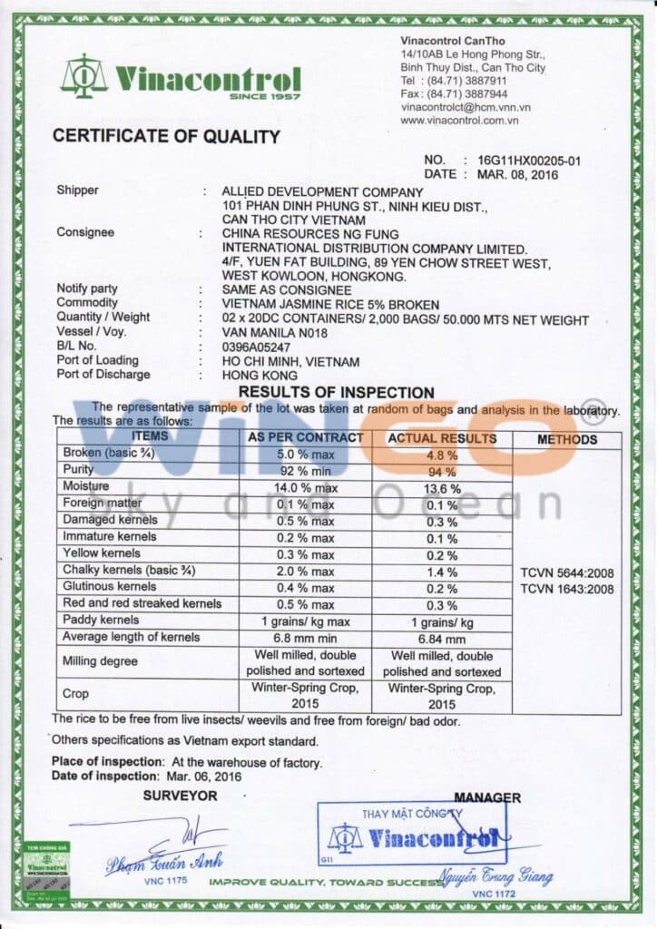Mẫu giấy chứng nhận chất lượng Certificate of Quality chuẩn.