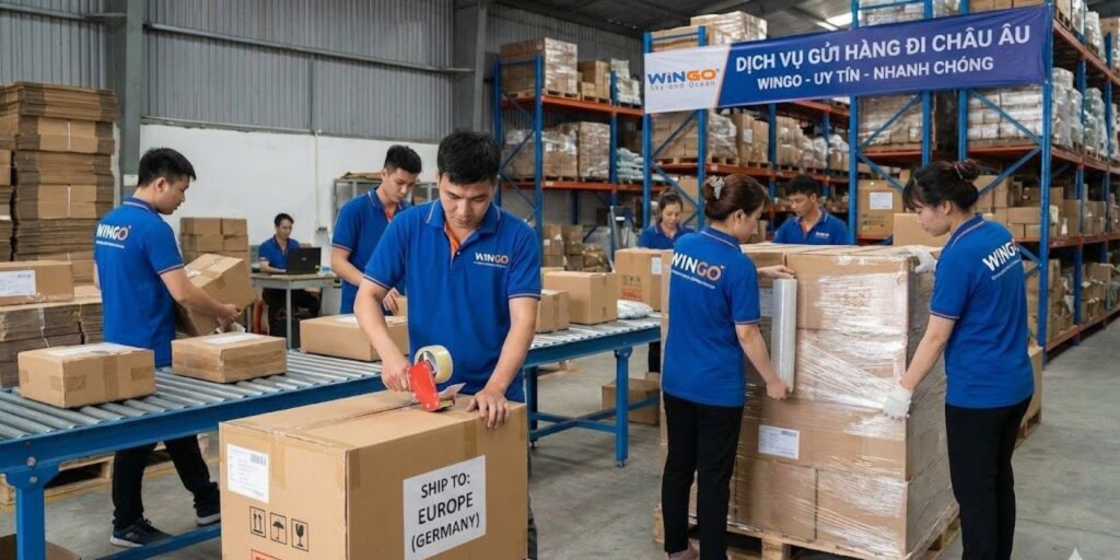 EVFTA Là Gì? Chìa Khóa Vàng Cho Doanh Nghiệp Xuất Khẩu Việt Nam & Giải Pháp Logistics nhân viên Wingo đang đóng gói hàng đi Châu Âu