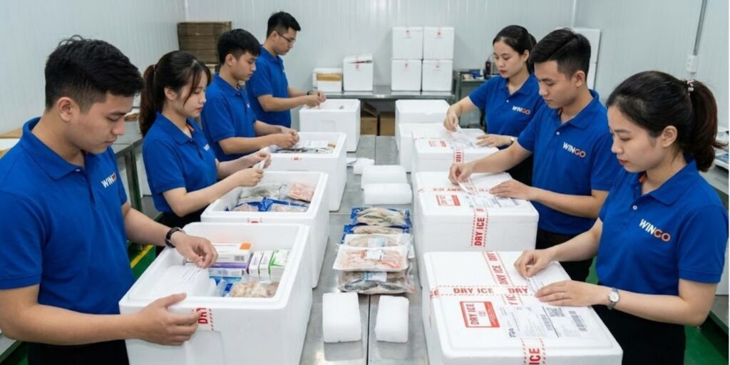 Dịch vụ Gửi Hàng Đông Lạnh đi Mỹ: Bảng Giá, Thủ Tục FDA & Đóng Gói Chuẩn IATA - Wingo Logistics Đội ngũ nhân viên Wingo Logistics đóng gói đúng quy chuẩn khi gửi hàng đông lạnh đi Mỹ