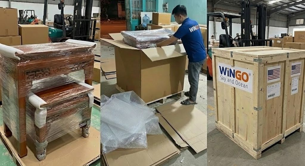 Dịch Vụ Gửi Tủ Thờ Đi Mỹ Uy Tín, Đóng Gói Chuẩn Xuất Khẩu Tại Wingo Logistics Tủ thờ được đóng gói bọc xốp bảo vệ an toàn trước khi gửi đi Mỹ