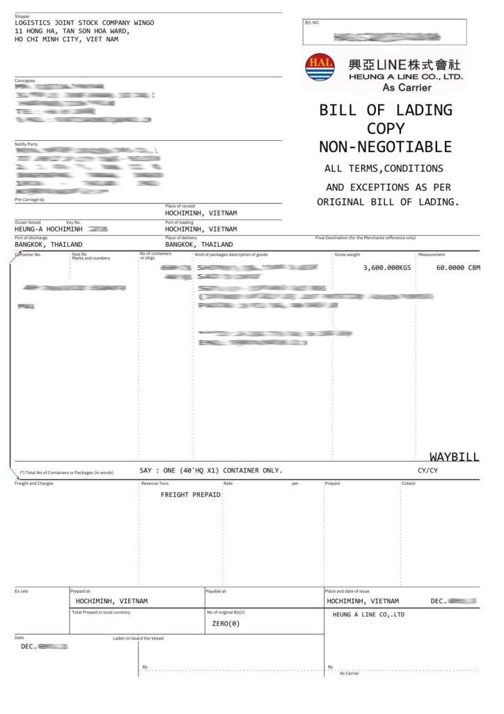 Master Bill (MBL) và House Bill (HBL) Là Gì? Phân Biệt Chi Tiết & Cách Lựa Chọn Vận Đơn Mẫu Master Bill (MBL) do hãng tàu phát hành có logo hãng.