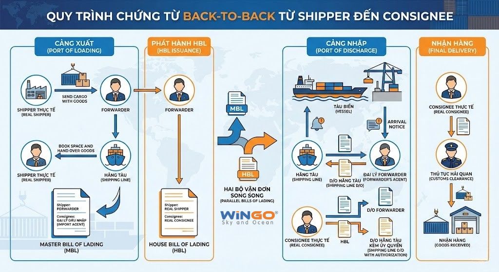 Master Bill (MBL) và House Bill (HBL) Là Gì? Phân Biệt Chi Tiết & Cách Lựa Chọn Vận Đơn Sơ đồ quy trình chứng từ Back-to-Back giữa Master Bill và House Bill từ Shipper đến Consignee