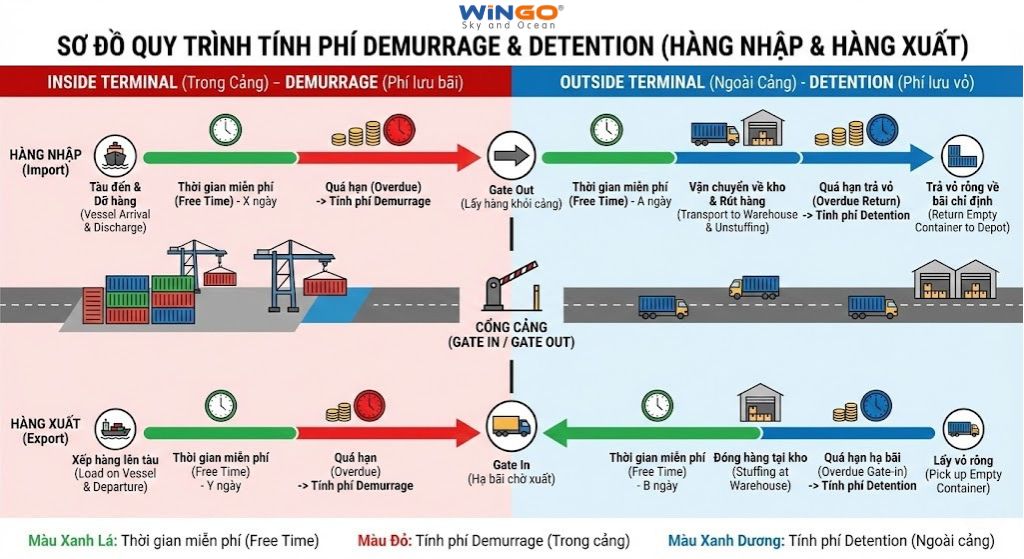 Sơ đồ quy trình tính phí Demurrage và Detention cho hàng nhập và hàng xuất chi tiết.