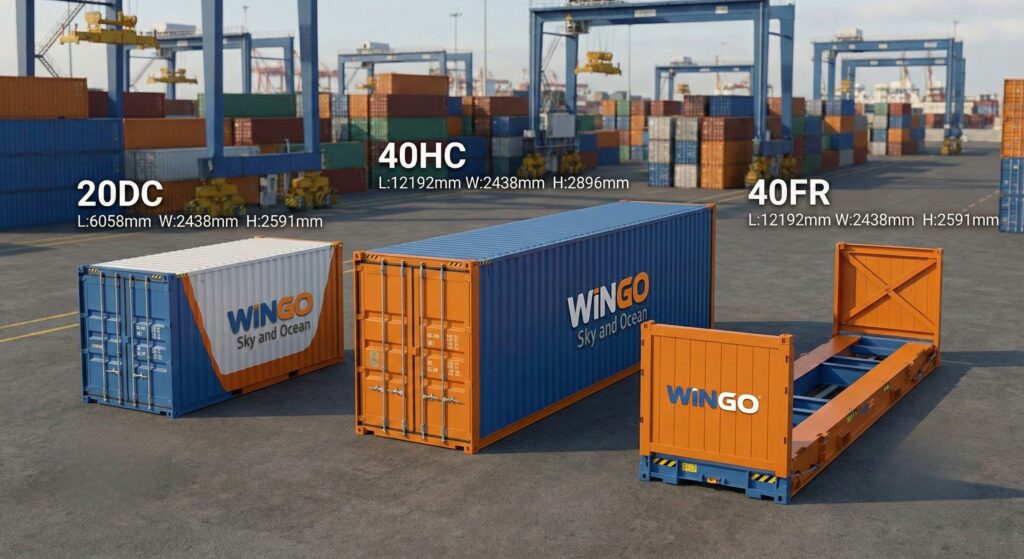 Vận chuyển container quốc tế - Giải pháp tối ưu chi phí cho hàng xuất nhập khẩu Kích thước các loại container 20DC, 40HC và Flat Rack
