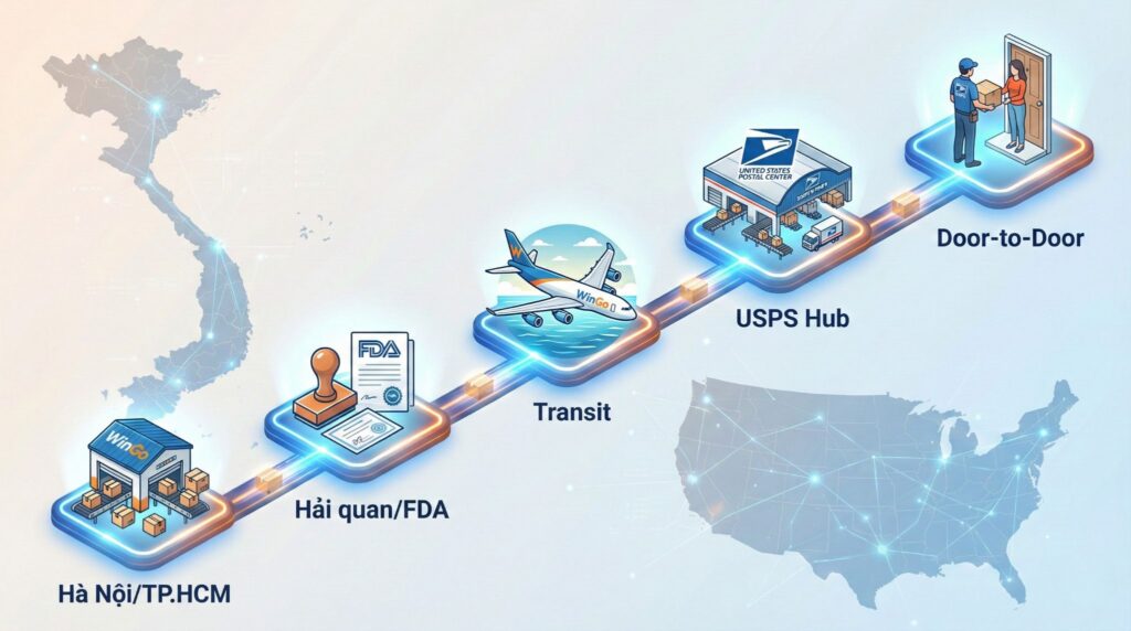 Quy trình gửi hàng đi Mỹ chuyên nghiệp từ kho WinGo đến mạng lưới USPS tại Hoa Kỳ.