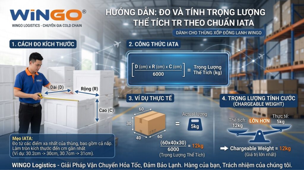 Hướng dẫn công thức đo kích thước và tính trọng lượng thể tích thùng xốp hàng đông lạnh theo chuẩn IATA.