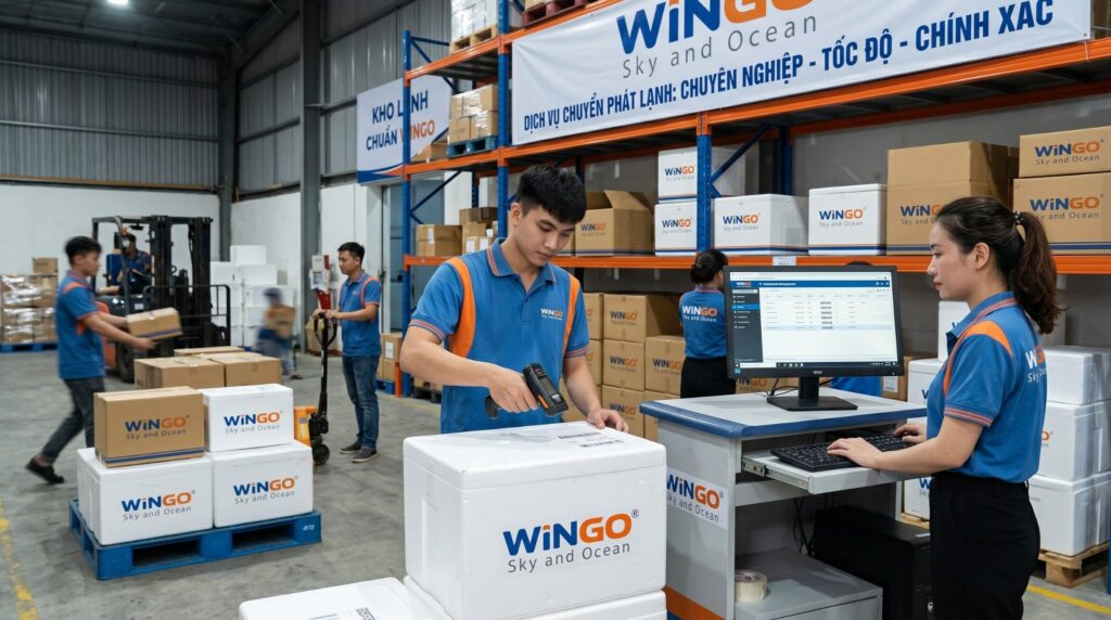 Nhân sự kho vận Wingo Logistics xử lý chuyên nghiệp các đơn hàng quốc tế và quản lý tracking mã vạch trực tiếp.