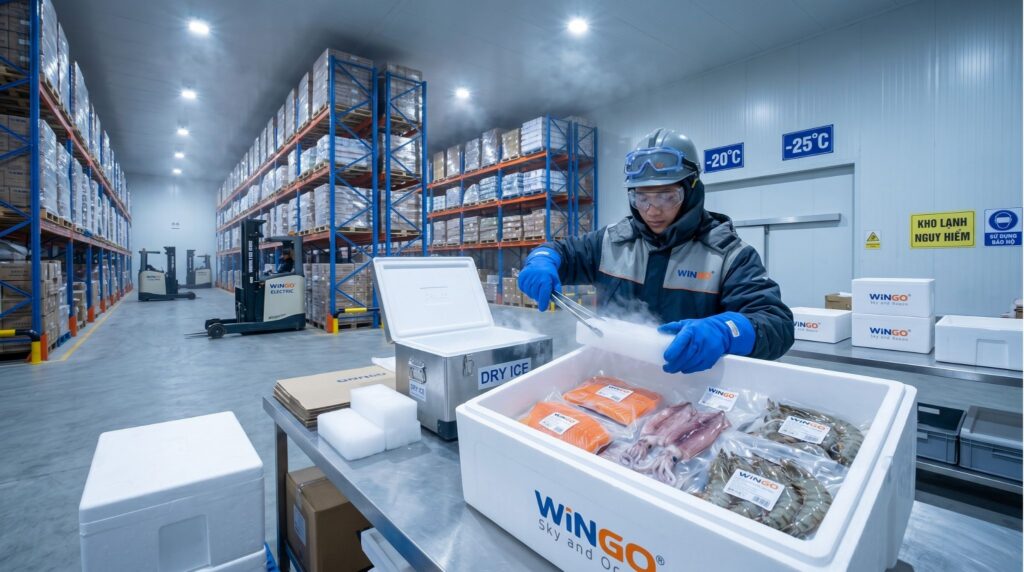 Dịch Vụ Gửi Hàng Đông Lạnh Đi Châu Âu (EU) Bao Thuế Trọn Gói - Bảng Giá Tốt Nhất 2026 Quy trình đóng gói hàng đông lạnh chuyên nghiệp và công nghệ hút chân không đạt chuẩn IATA tại kho của Wingo Logistics.